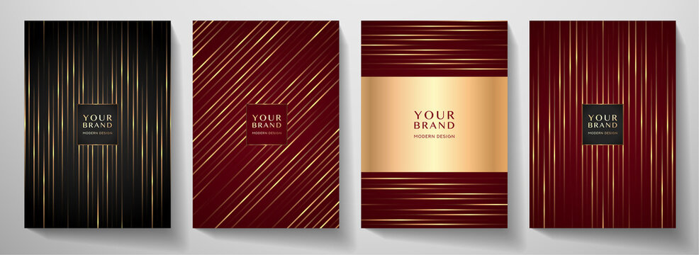 Contemporary cover design set.  Luxury dynamic diagonal line pattern in premium color: black, gold, red. Stripe vector layout for business background, certificate, brochure, menu template