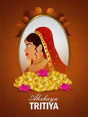 Akshaya tritiya indian festival sale promotion with bride with jewellery and gold coin