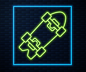 Glowing neon line Longboard or skateboard cruiser icon isolated on brick wall background. Extreme sport. Sport equipment. Vector