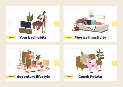 Set of landing pages with people suffer sedentary lifestyle and bad inactive habits at home