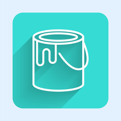 White line Paint bucket icon isolated with long shadow background. Green square button. Vector