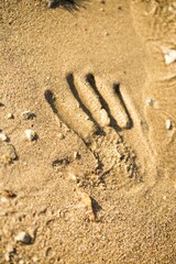 Hand print in the golden beach Sand