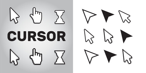 Pixel cursors icons mouse hand arrow. Mouse computer cursor.
