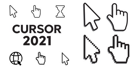 Pixel cursors icons mouse hand arrow. Mouse computer cursor. Hand arrow web cursor set