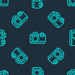 Green line Photo camera icon isolated seamless pattern on blue background. Foto camera. Digital photography. Vector