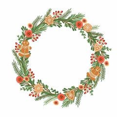 Christmas and Happy New Year illustration with Christmas wreath.
