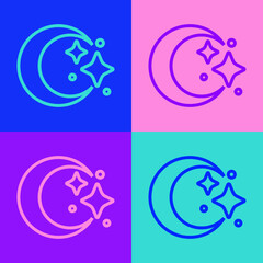 Pop art line Moon and stars icon isolated on color background. Cloudy night sign. Sleep dreams symbol. Full moon. Night or bed time sign. Vector