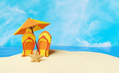 summer travel with sandals,starfish,cloud,umbrella,island,sea waves isolated on blue sky background, concept 3d illustration or 3d render