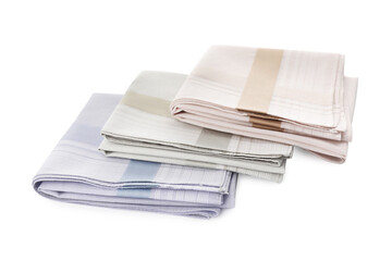 Folded handkerchiefs on white background. Stylish accessory