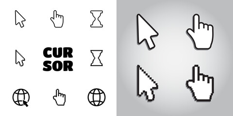 Fototapeta premium Pixel cursors icons mouse hand arrow. Mouse computer cursor.