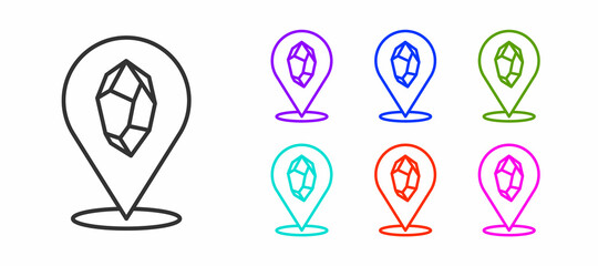 Black line Magic stone icon isolated on white background. Fantasy crystal. Jewelry gem for game. Set icons colorful. Vector