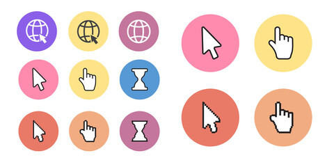 Pixel cursors icons mouse hand arrow. Mouse computer cursor. Hand arrow web cursor set