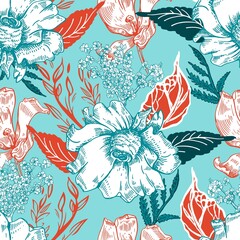Seamless pattern with flowers. Blue vintage background. Floristics. Vintage graphics.