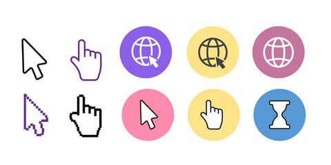 Pixel cursors icons mouse hand arrow. Mouse computer cursor. Hand arrow web cursor set