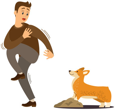 Man frightened by dog suffers from cynophobia, human fear concept. Person looking scared at dog is afraid of animal. Male character shaking, trembling with fear of dogs isolated on white background