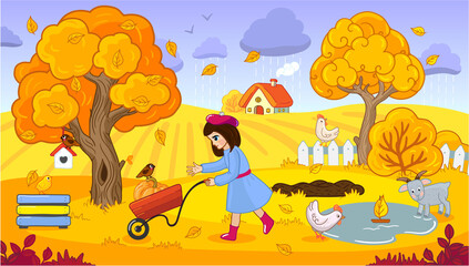 Autumn landscape of a farmer's field. Seasons of the year. Vector flat banner for the autumn season or autumn background. panorama of the landscape field of the farm. the children are harvesting. 