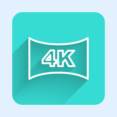 White line Screen tv with 4k Ultra HD video technology icon isolated with long shadow background. Green square button. Vector