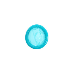 Unpacked turquoise condom isolated on white, top view. Safe sex
