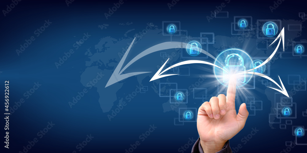 Poster hand pushing a button on a touch screen interface, businessman with protective gesture lock icon to 