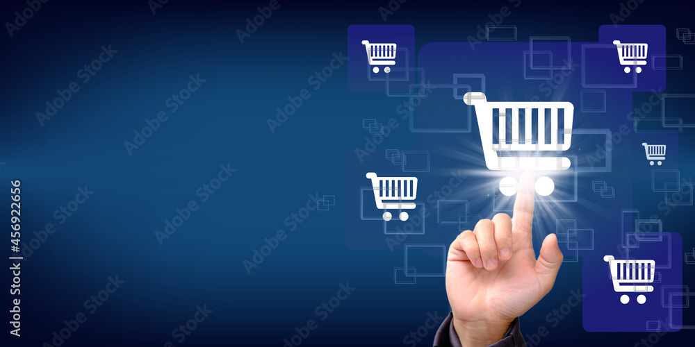 Aufkleber touching virtual screen online shopping to digital cart with global network connection. intelligent 
