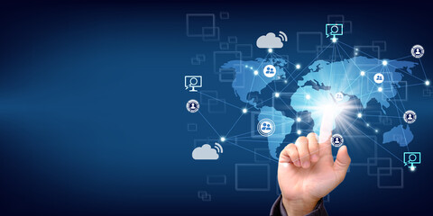 Touching virtual screen global network connection, Telecommunication communication, Social network and digital marketing, Business data exchanges