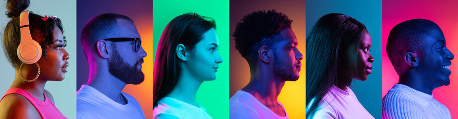 Collage of side view portraits of an ethnically diverse people isolated over multicolored...