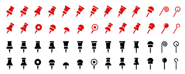 Pushpin flat icons set. Pointer of location on the map. Map pins. Indicative marker for applications, websites and other resources. Vector elements. - obrazy, fototapety, plakaty