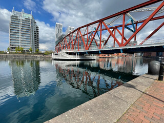 Modern architecture and landmark buildings in Salford Quays. 