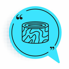 Black line Tree stump icon isolated on white background. Blue speech bubble symbol. Vector