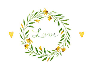 Watercolor illustration of a green leaves and flower. Hand made character. Leaf isolated on white background. Watercolor hand-drawn illustration. Wedding decor. Wreath