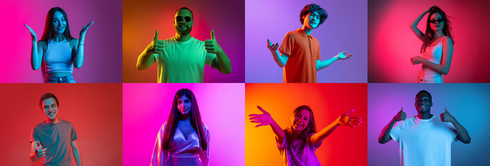 Collage of an ethnically diverse young people showing joy and happiness isolated over multicolored...