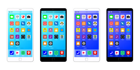 白と黒のスマートフォン、スマホアプリホーム画面のベクターイラスト素材