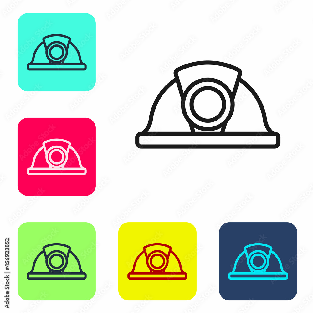 Poster black line miner helmet icon isolated on white background. set icons in color square buttons. vector