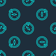 Green line Compass icon isolated seamless pattern on blue background. Windrose navigation symbol. Wind rose sign. Vector