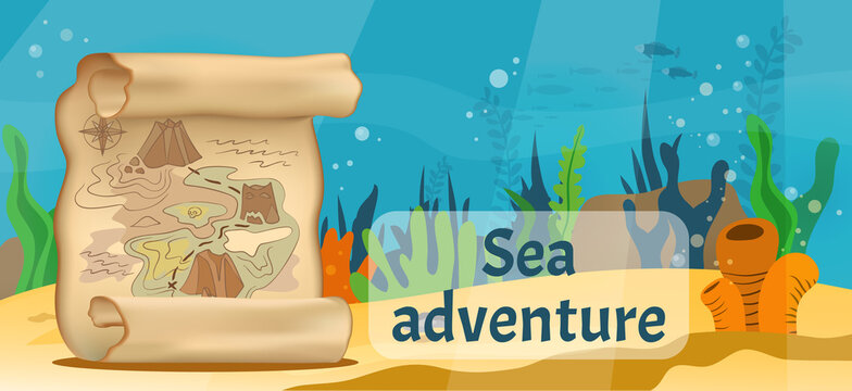 Exciting sea adventures and tourism poster. Marine cruise and sea travelling advertising placard with attributes of water travel old map with scheme of pirate treasure on sand at depth under water