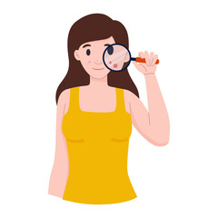 Woman with magnifying glass in her hand, enlarges her face to see acne.