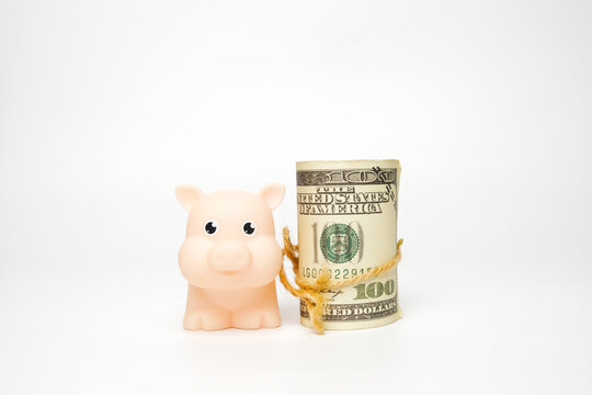 A picture of pig and fake cash on white background. Piggy bank and save more money concept.