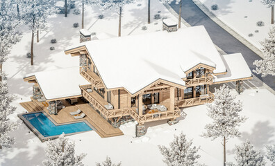 3d rendering of modern cozy chalet with pool and parking for sale or rent. Beautiful forest mountains on background. Massive timber beams columns. Cool winter day with shiny white snow.