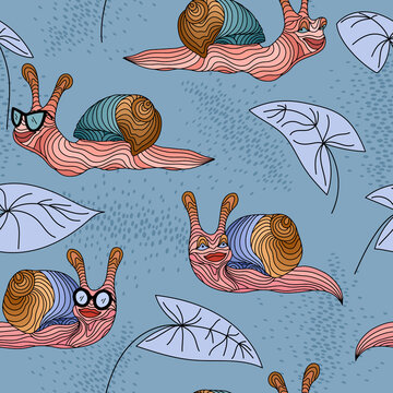 Seamless vector pattern with abstract pink, beige and green striped snails and leaves. Cartoon clams with glasses on a blue background. Perfect design for wrapping paper, postcards and textiles.