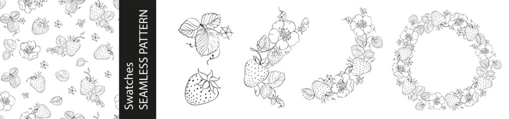 Set of different branches of strawberry berries, pattern and circle frame on white background. - 456925445