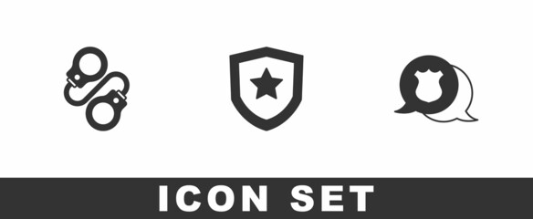 Set Handcuffs, Police badge and icon. Vector