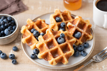 Belgian waffles with blueberries on plate, closeup view. Sweet round waffles for breakfast or lunch