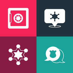 Set pop art Police badge, Hexagram sheriff, and Safe icon. Vector