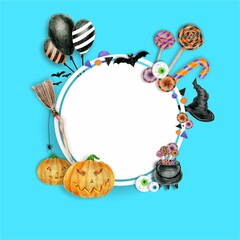 Halloween day Layout Design Template. Paper Art. Season Offer with Circle Banner and copy space. Balloons, Witch's cauldron, Witch's hat, candy, Pumpkins