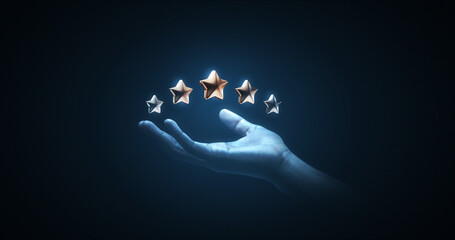 Hand holding review rating gold star sign or best excellent satisfaction five rate quality ranking success symbol on vote service rank background with like button and positive customer experience. - obrazy, fototapety, plakaty
