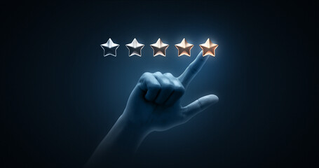 Hand pointing review rating gold star sign or best excellent satisfaction five rate quality ranking success symbol on vote service rank background with like button and positive customer experience. - obrazy, fototapety, plakaty