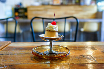 The custard pudding on the table