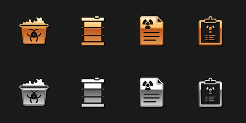 Set Infectious waste, Radioactive in barrel, Radiation warning document and icon. Vector