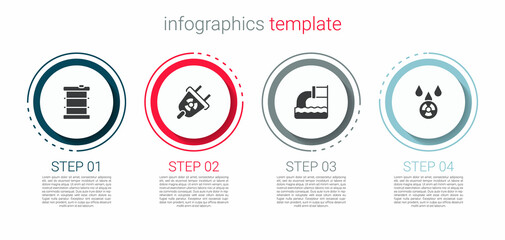 Set Radioactive waste in barrel, Radiation electrical plug, Wastewater and Acid rain and radioactive cloud. Business infographic template. Vector