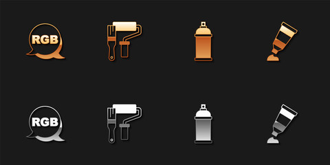 Set RGB, Paint roller brush, spray can and Tube with paint palette icon. Vector